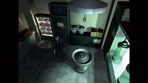 Resident Evil (1996) screenshot: A character stands in a dimly lit lab room with shelves, a circular device, and eerie green lighting.