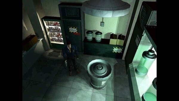 Resident Evil (1996) screenshot: A character stands in a dimly lit lab room with shelves, a circular device, and eerie green lighting.