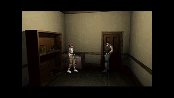 Resident Evil (1996) screenshot: Two characters stand in a dimly lit room with a wooden door and shelves.