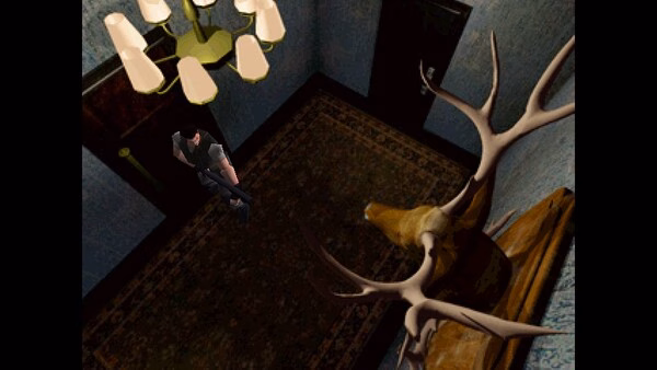 Resident Evil (1996) screenshot: A character stands in a dimly lit room with a mounted deer head and a chandelier above.