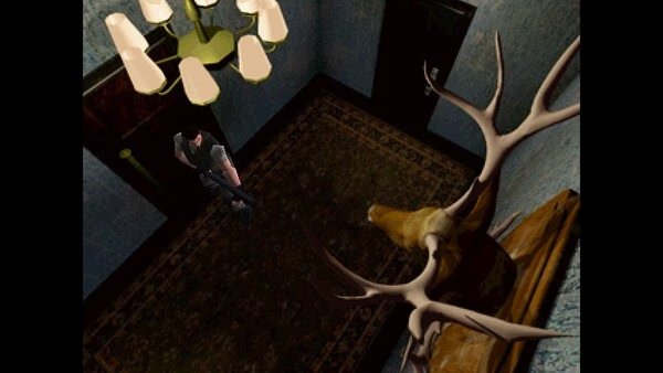 Resident Evil (1996) screenshot: A character stands in a dimly lit room with a mounted deer head and a chandelier above.