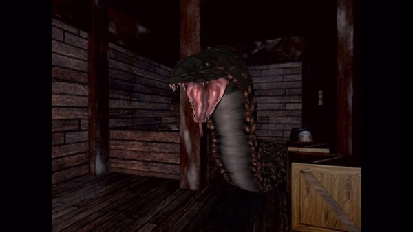 Resident Evil (1996) screenshot: A giant snake emerges in a dimly lit wooden room, ready to attack the player.