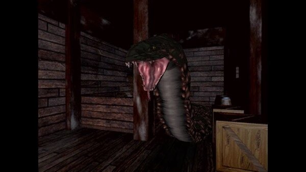 Resident Evil (1996) screenshot: A giant snake emerges in a dimly lit wooden room, ready to attack the player.