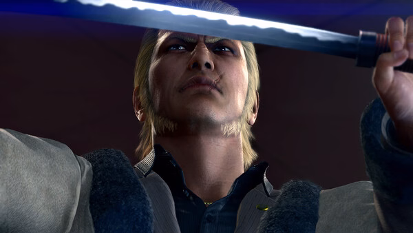 A Yakuza Kiwami 2 screenshot showing a character holding a sword dramatically under a dark background.