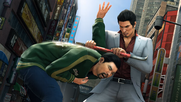 Yakuza Kiwami 2 screenshot: A man in a suit swings a crowbar at another man in a green jacket on a bustling city street.