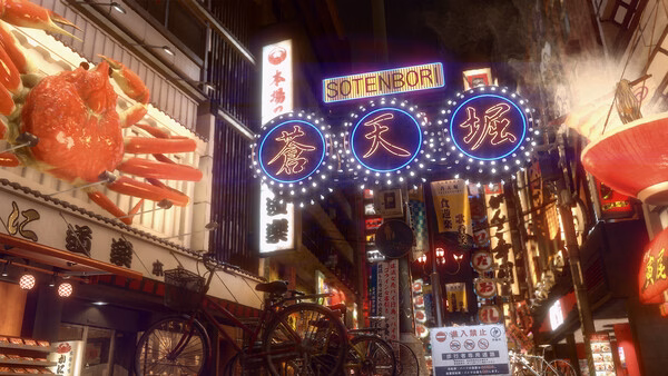Yakuza Kiwami 2 screenshot: Vibrant Sotenbori street with neon signs and a giant crab, showcasing the bustling nightlife.