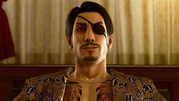 Screenshot from Yakuza Kiwami 2 showing a character with a dragon tattoo on their chest, wearing a snakeskin-patterned jacket.