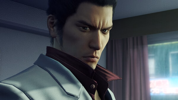 Screenshot from Yakuza Kiwami showing a character in a white suit standing indoors near a window with curtains.