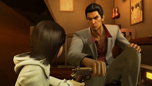 Yakuza Kiwami screenshot: A tense scene showing a man in a suit handing a revolver to a young girl in a hoodie indoors.