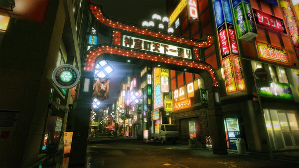 Yakuza Kiwami screenshot: A vibrant street in Kamurocho at night, illuminated by colorful neon signs and bustling with life.
