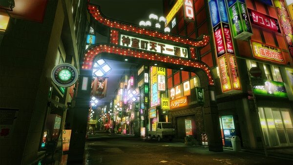 Yakuza Kiwami screenshot: A vibrant street in Kamurocho at night, illuminated by colorful neon signs and bustling with life.