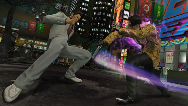 Yakuza Kiwami screenshot: Two characters engage in a dramatic street fight at night, with glowing purple energy effects visible.