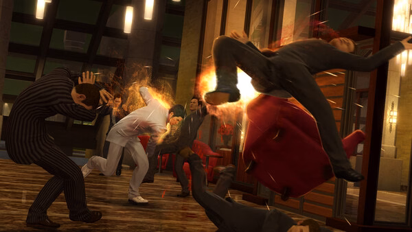 Screenshot from Yakuza Kiwami showing a dynamic fight scene in a bar, with characters engaged in intense combat.