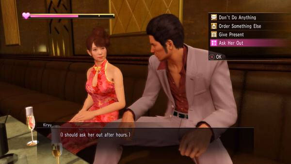 Yakuza Kiwami screenshot: A man in a suit sits with a woman in a red dress, options to interact are displayed on the right.