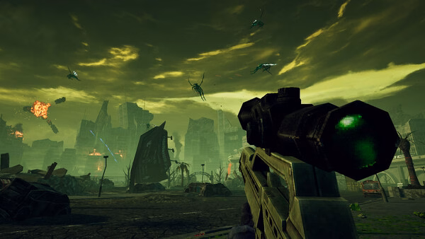 Screenshot from Starship Troopers: Ultimate Bug War! showing a soldier aiming at flying alien bugs in a dystopian landscape.