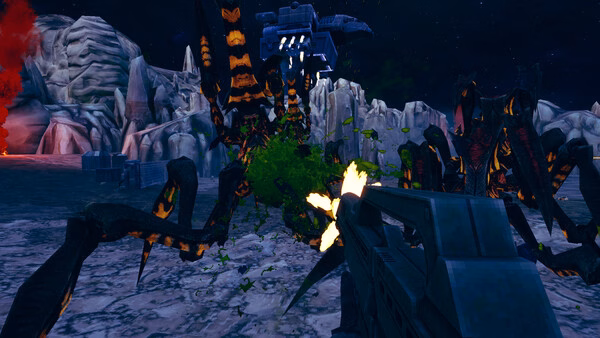 Screenshot from 'Starship Troopers: Ultimate Bug War!' showing a player battling large alien bugs with a futuristic rifle.
