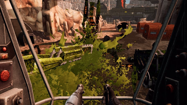 Screenshot from Starship Troopers: Ultimate Bug War! showing a player inside a cockpit firing at green alien bugs in a rocky terrain.
