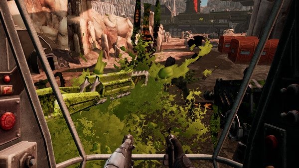 Screenshot from Starship Troopers: Ultimate Bug War! showing a player inside a cockpit firing at green alien bugs in a rocky terrain.