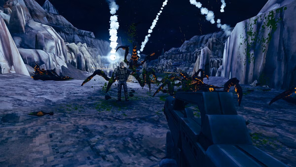 Screenshot from 'Starship Troopers: Ultimate Bug War!' showing a player aiming at giant bugs on a rocky, alien landscape under a starry sky.