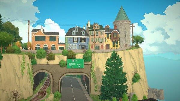 Screenshot from Paralives: Colorful houses and a tower sit atop a cliff, with roads and railway tracks visible below.