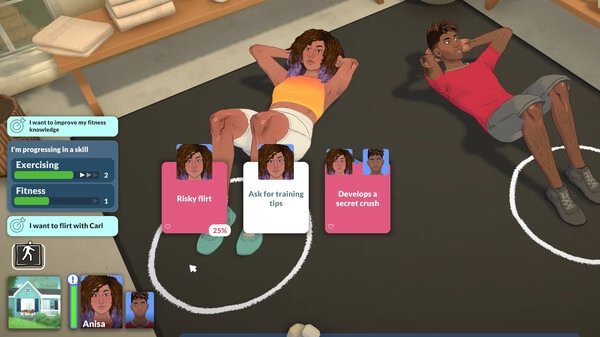 Screenshot from Paralives showing two characters exercising on mats. Dialogue options include flirting and fitness advice.