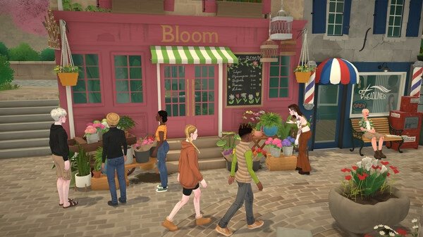 Screenshot from Paralives showing characters walking past a pink flower shop named Bloom with plants and a colorful storefront.