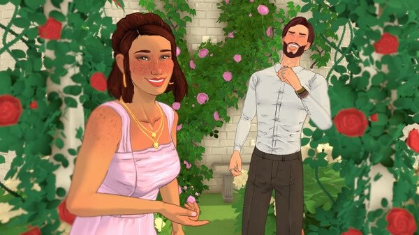 A Paralives screenshot showing two characters in a garden surrounded by roses and greenery, engaged in conversation.