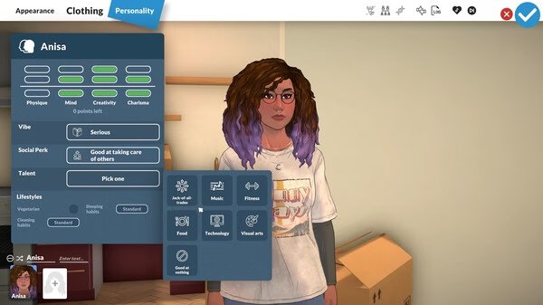 A Paralives screenshot showing Anisa's character creation menu, with personality traits, lifestyle choices, and customization options.