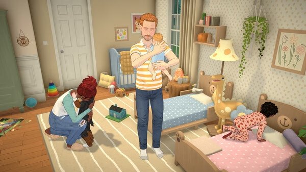 Paralives screenshot: A person holds a baby in a cozy nursery, while two children play nearby.