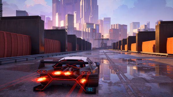 Screenshot from "Screamer" showing a sleek car with glowing exhausts racing on a wet track in a futuristic cityscape.