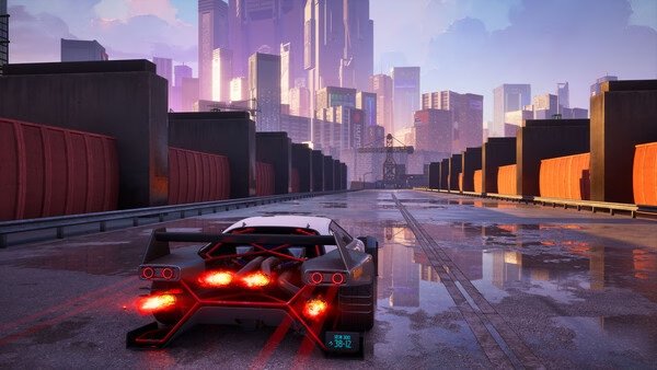 Screenshot from "Screamer" showing a sleek car with glowing exhausts racing on a wet track in a futuristic cityscape.