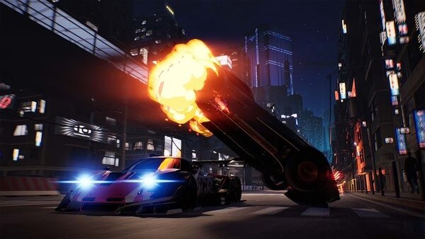 Screenshot of Screamer showing a high-speed racing scene at night, with a car flipping mid-air and flames bursting out.