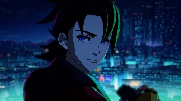 Screenshot from the game Screamer showing a character holding a device against a glowing cityscape at night.