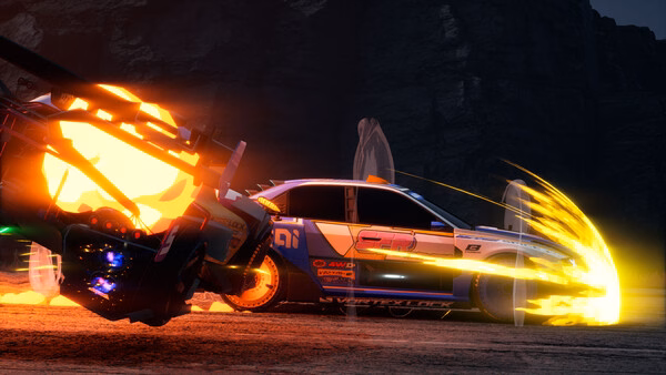 Screamer screenshot: Two cars collide in a high-speed race, with vibrant flames and sparks flying against a rocky backdrop.