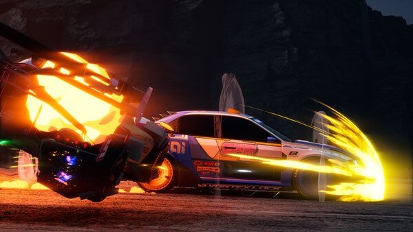 Screamer screenshot: Two cars collide in a high-speed race, with vibrant flames and sparks flying against a rocky backdrop.