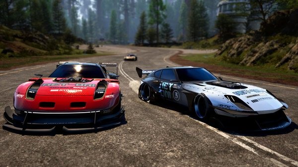 Two race cars on a forest track in a Screamer game screenshot, with trees and a winding road in the background.