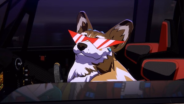 Screamer screenshot: A stylish animated corgi with red sunglasses sits confidently in the driver's seat of a sleek car.