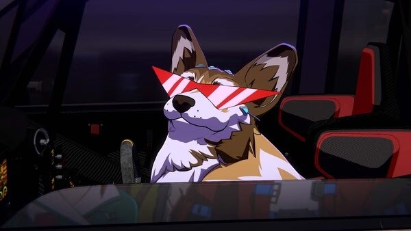 Screamer screenshot: A stylish animated corgi with red sunglasses sits confidently in the driver's seat of a sleek car.