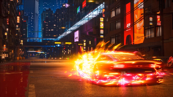 Screenshot of 'Screamer' showing a neon-lit sports car speeding through a futuristic city street at night.