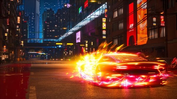 Screenshot of 'Screamer' showing a neon-lit sports car speeding through a futuristic city street at night.