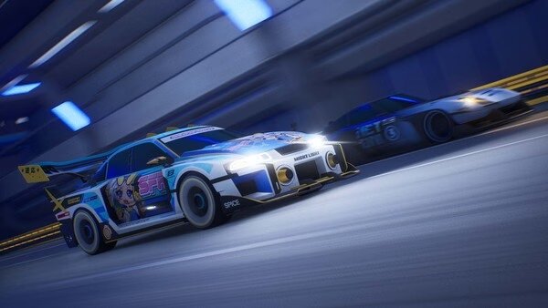 Screamer screenshot: Two racing cars speed through a tunnel, showcasing dynamic motion blur and vibrant colors.