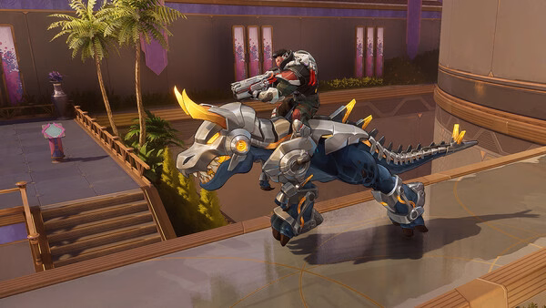 Screenshot from Marvel Rivals showing a character riding a robotic dinosaur in a futuristic setting with palm trees.