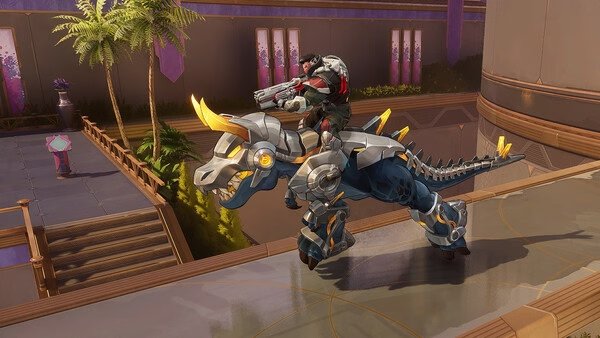 Screenshot from Marvel Rivals showing a character riding a robotic dinosaur in a futuristic setting with palm trees.