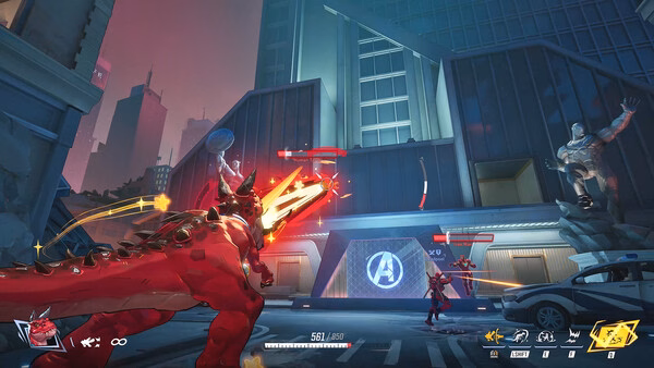 Screenshot from Marvel Rivals showing a dynamic battle scene with heroes and a dinosaur in front of a building with an Avengers logo.