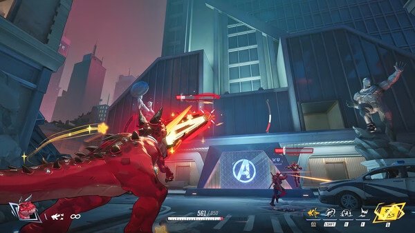 Screenshot from Marvel Rivals showing a dynamic battle scene with heroes and a dinosaur in front of a building with an Avengers logo.