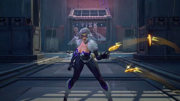 Screenshot from Marvel Rivals showing a character with silver hair and dark costume throwing glowing discs in a dimly lit urban setting.