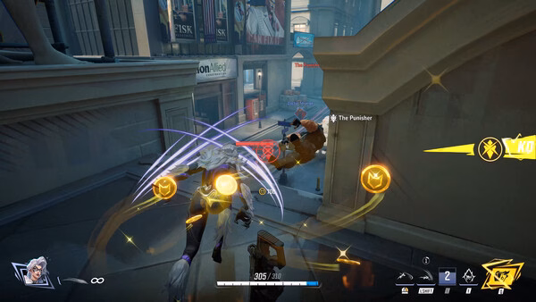 Screenshot from Marvel Rivals showing a character attacking another with dynamic energy effects in an urban environment.