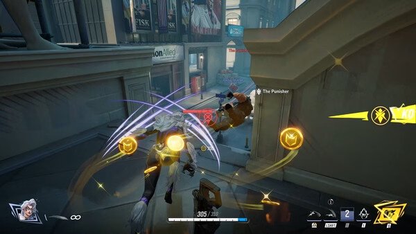 Screenshot from Marvel Rivals showing a character attacking another with dynamic energy effects in an urban environment.