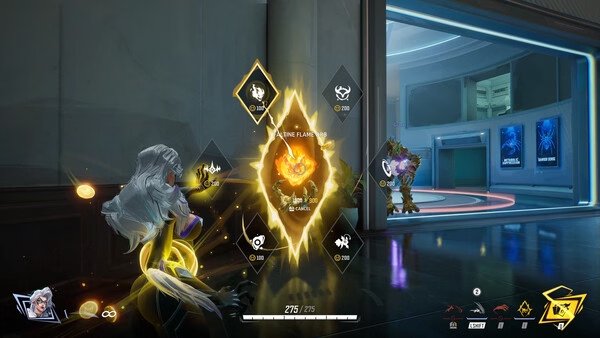 Screenshot from Marvel Rivals showing a character preparing a fire ability, with another character visible in a futuristic hallway.