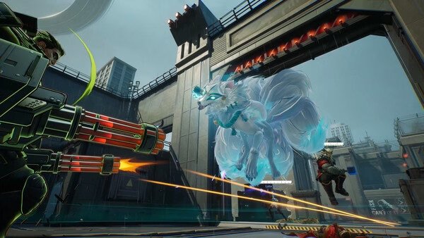 Screenshot from Marvel Rivals showing a futuristic battle scene with a large, glowing creature and armed characters.